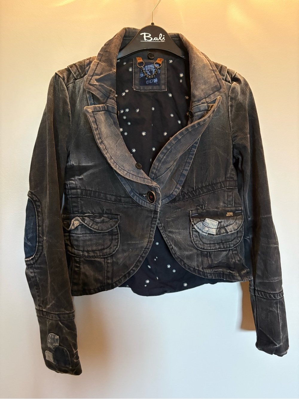 Miss Sixty Black Washed Denim Blazer Jacket with Blue Patch Details